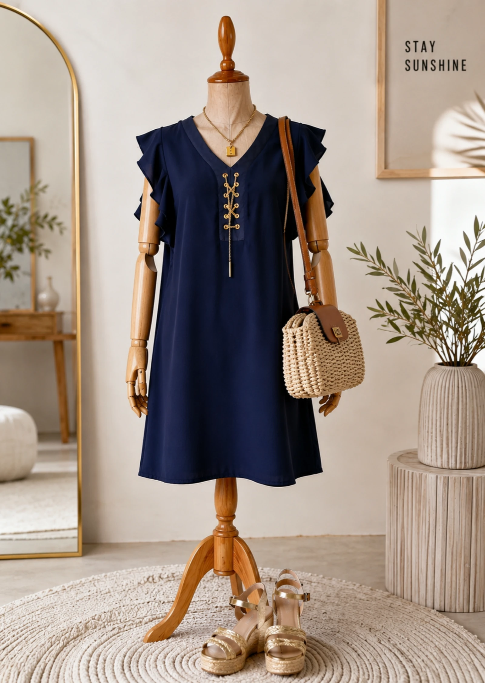 Nana Baila Vestido TFr38/TM-Marinho-Ombro com Volante & Corte Reto & Decote com Laço Dourado em OT – photo 2